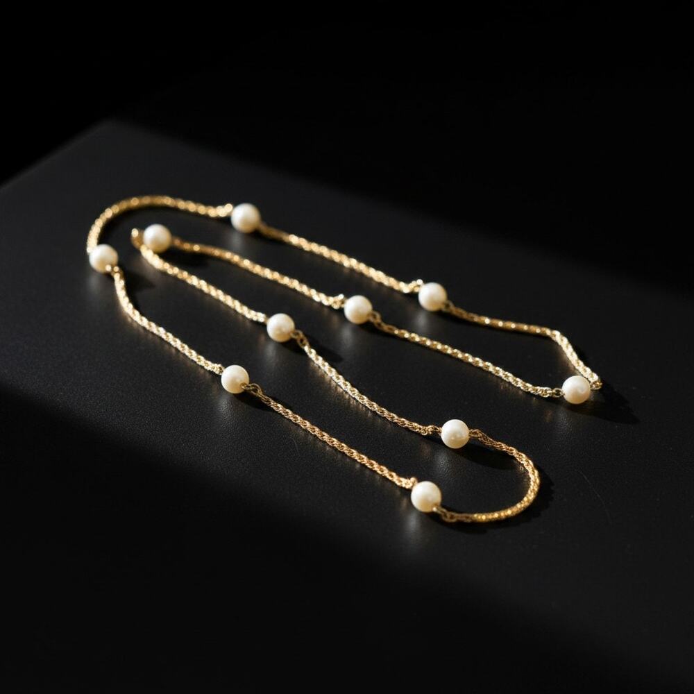 Vintage Gold Tone Faux Pearl Station Necklace Rope Chain-Classic-Elegant-Long